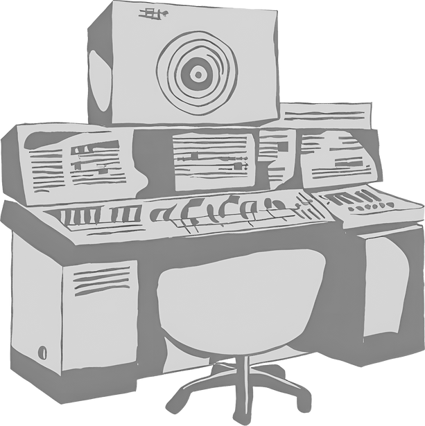 A black and white drawing of a recording console.