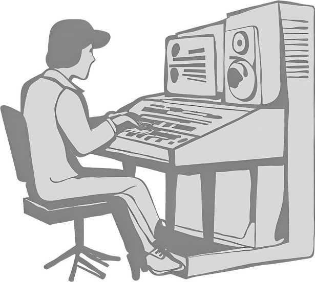 An illustration of a person sitting at a keyboard, writing music.